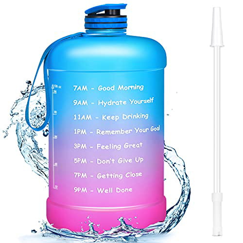 Clear 128 oz Extra Large Motivational Water Bottle with Straw Easy Sipping for Outdoor Sports/ Fitness/ Gym Reusable BPA-free plastic Favofit 1 Gallon Water Bottle with Time Marker 